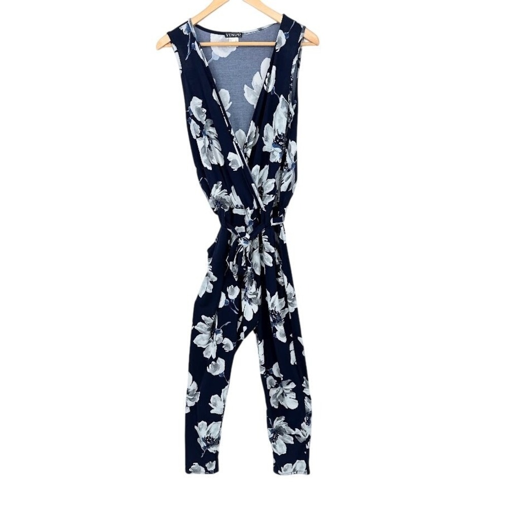 VENUS Womens Navy Blue Floral Jumpsuit Womens Small Belt Resort Tropical Resort